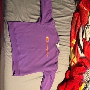 Champion Purple Sweatshirt with Orange Logo, cropped